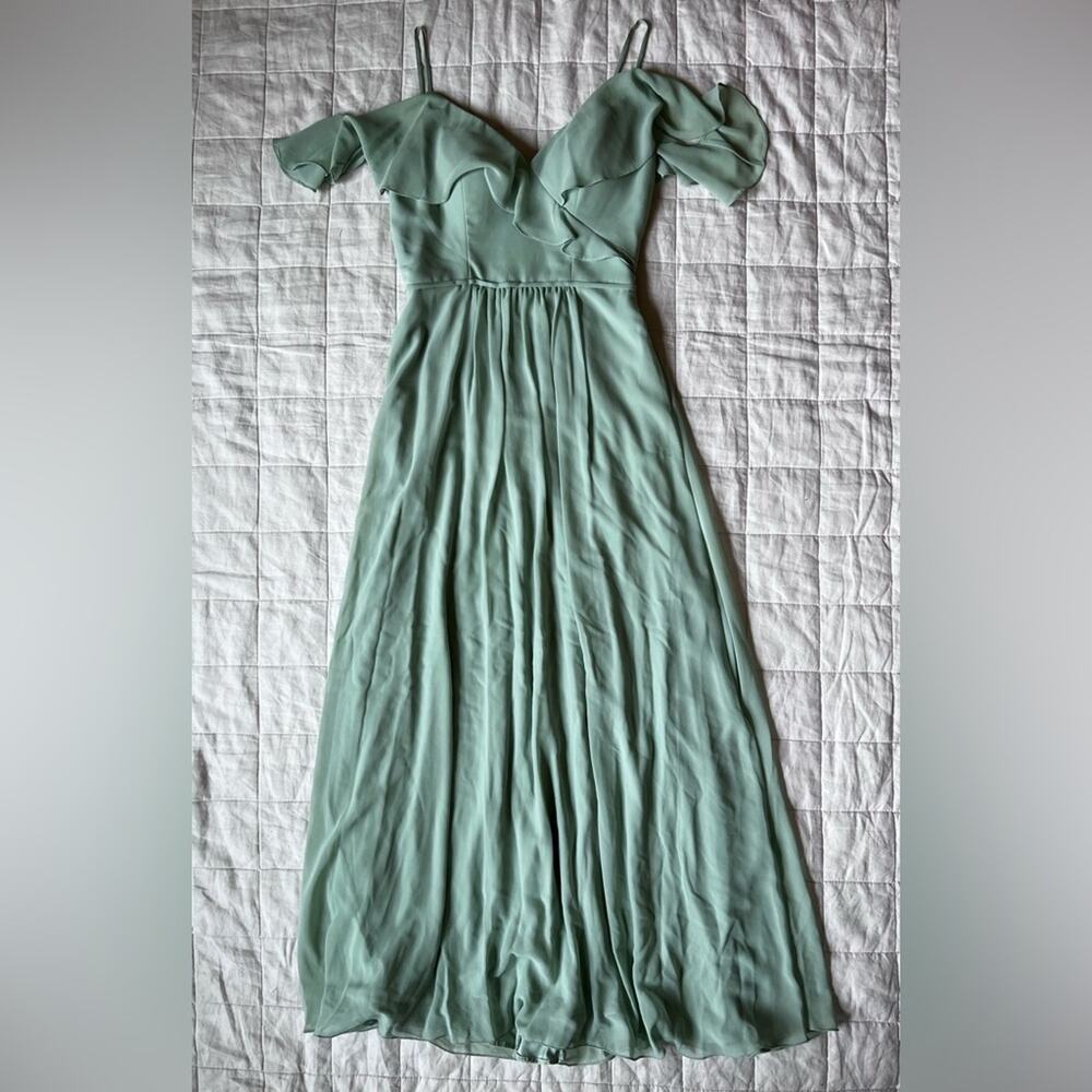 Mori Lee Elegant Light Green Off-Shoulder Chiffon Empire Waist Formal Dress - 4